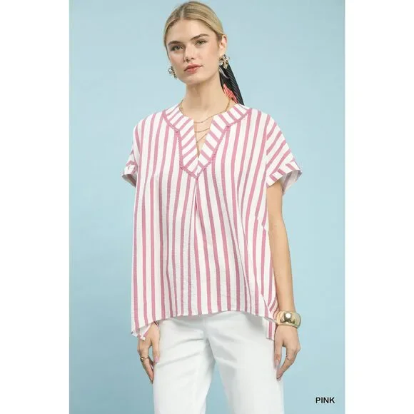 Umgee Mixed Stripe Split Neck Oversized Blouse - Picture 1 of 5